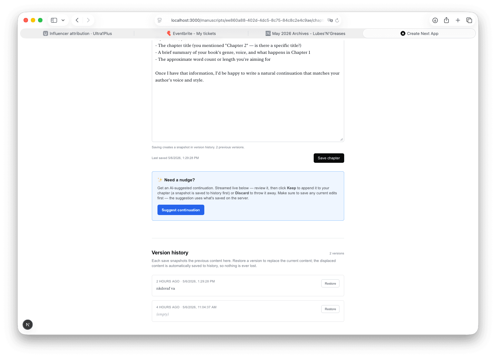 QiScrivi chapter editor with AI continuation streaming live below the textarea
