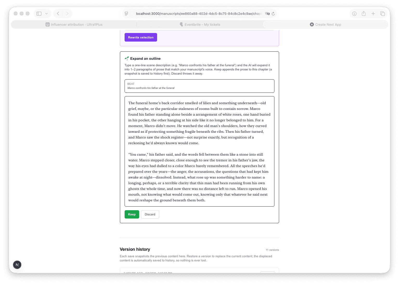 Outline expansion panel turning a one-line beat into a full paragraph of prose